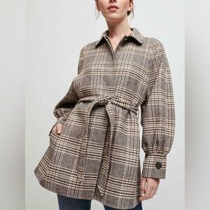 Maje Double Faced Checked Coat - Wool Blend Belted Coat